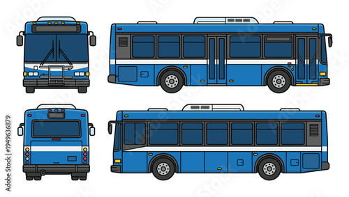 City bus transportation views showing front back and side profiles