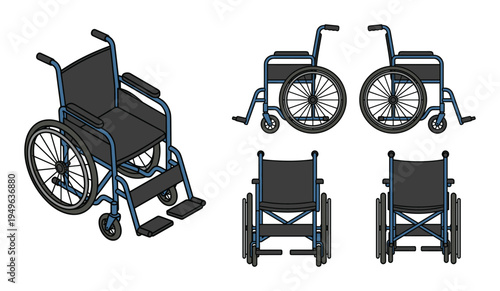 Medical wheelchair set with isometric side front and back views