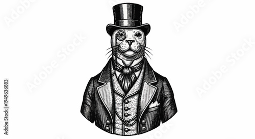 Dapper Seal Wearing Top Hat and Monocle Portrait.