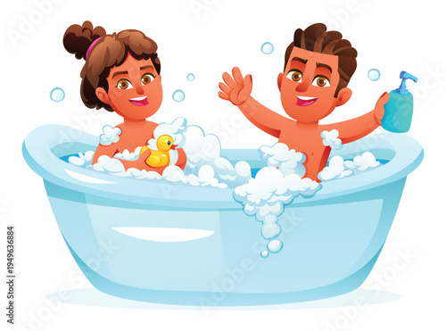 Happy brother and sister bathing together in tub with soap bubbles and rubber duck. Vector cartoon illustration
