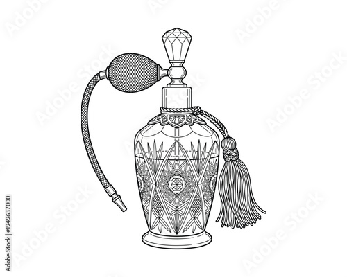 Detailed line art of antique perfume bottle with tassel and atomizer bulb, cut glass design, luxurious elegance.
