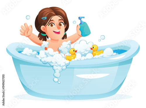 Smiling girl holding soap bottle and waving while bathing in tub with rubber ducks. Vector cartoon illustration