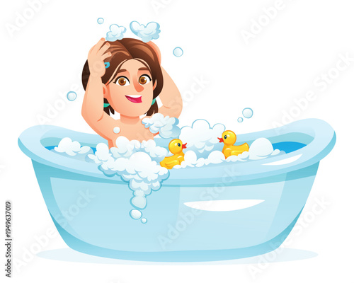 Little girl washing her hair with foam and soap bubbles in bathtub with ducks. Vector cartoon illustration