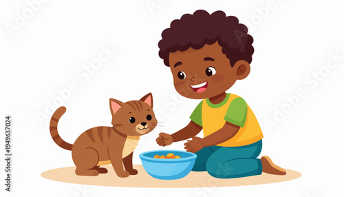 Adorable boy gently feeding his cute pet cat from a small orange bowl, illustrating companionship and care