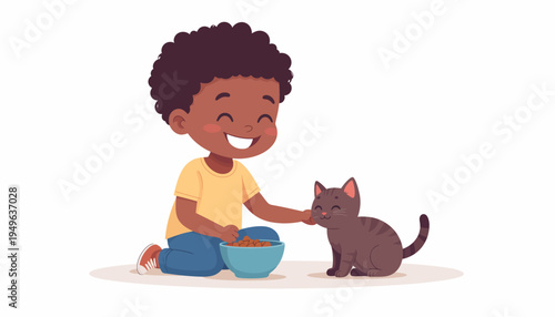 A young boy happily feeds a small, dark-colored kitten from a blue bowl, showcasing a moment of gentle interaction and care between a child and their pet