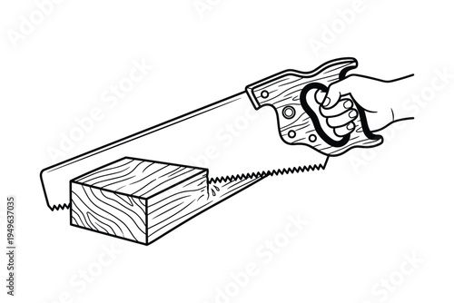 Hand saw cutting wood block, showing hand holding saw with textured handle and sharp blade