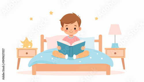 A young boy happily reading a book while sitting on his bed, surrounded by a cozy bedroom setting with a lamp and nightstand