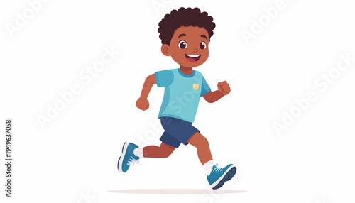 Energetic cartoon illustration of a happy African American boy joyfully running with a big smile, capturing the essence of childhood play and physical activity