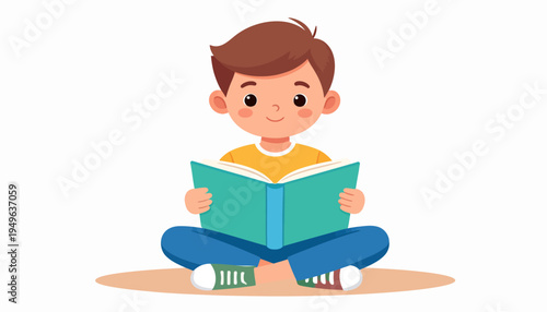 An adorable young boy sitting cross-legged on the floor, completely absorbed in reading a captivating book, symbolizing early childhood education and the joy of learning