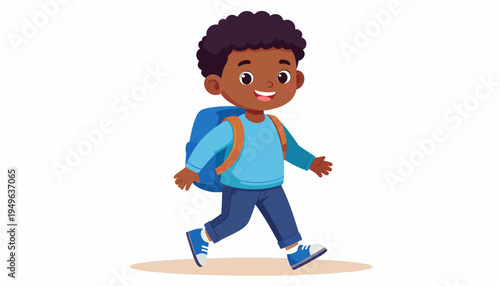 Happy young boy with a backpack walking to school, vibrant illustration of childhood and education