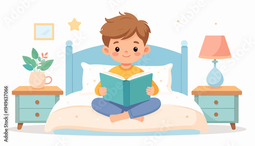 Cute cartoon boy sitting on his bed reading a storybook before bedtime in a cozy bedroom illustration