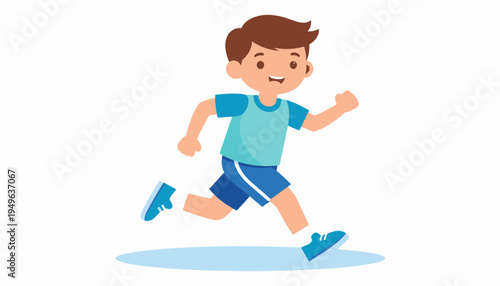 Illustration of a young boy with short brown hair running energetically, wearing a blue t-shirt and shorts, with blue and white sneakers, depicting activity and healthy living