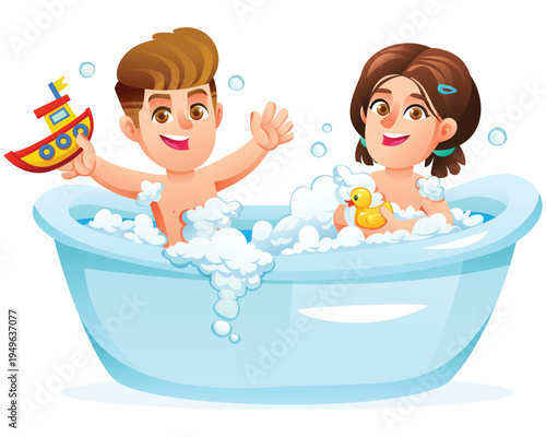 Happy brother and sister playing with toy boat and rubber duck in bathtub. Vector cartoon illustration