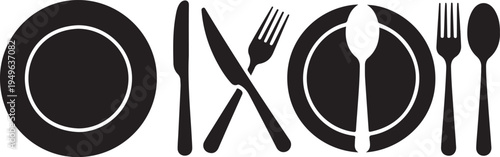 Black and white of plates with cutlery arranged in x shape utensils