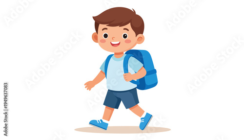 Cute cartoon boy with a blue backpack happily walking, ready for school or adventure