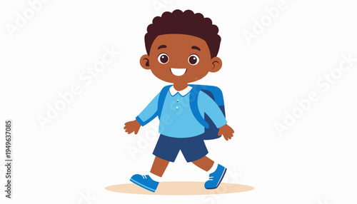 Cheerful cartoon illustration of a young Black student with a backpack walking confidently to his first day of school on a white background