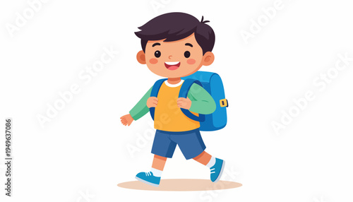 A cheerful cartoon boy, a primary school student, happily walking with his blue backpack, ready for a new day of learning and exploration, embodying the joy of childhood education