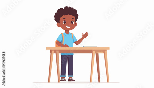 A cheerful young black boy with a backpack stands at a desk, raising his hand to ask a question in a classroom setting