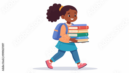 Cheerful young African American girl with a backpack walking and carrying a large stack of books, symbolizing education, learning, and academic enthusiasm for school