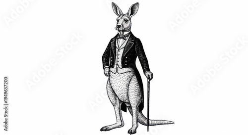 Elegant Kangaroo Dressed in Formal Attire Holding Cane.