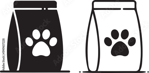 Black and white dog food containers with paw prints pet food animal feed