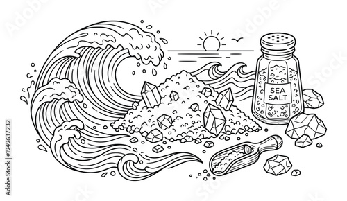 Sea salt illustration with ocean wave, sun, crystals, jar and wooden scoop line art drawing.