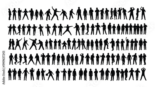 A group of people in various poses and actions