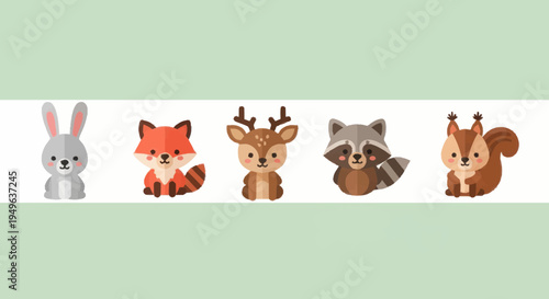 Cute Woodland Animals Collection Featuring Rabbit Fox Deer Raccoon Squirrel.