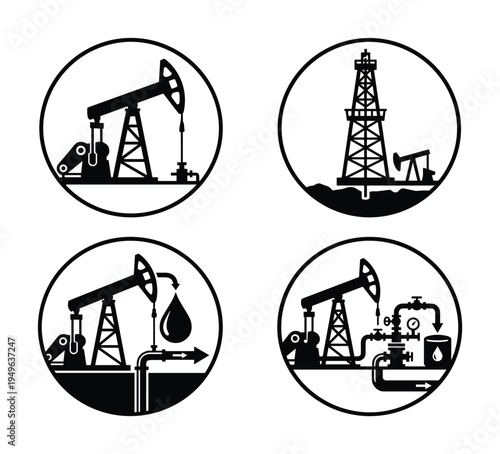 Oil Industry Icons, Drilling Rig, Oil Pump and Refining, Vector Graphics Illustrations