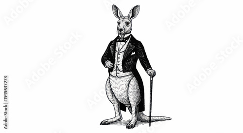 Elegant Kangaroo Dressed in Formal Attire Holding a Cane.