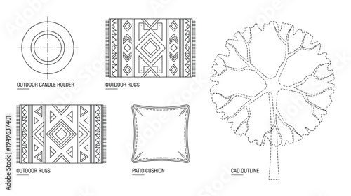 Outdoor CAD plan view with rugs, candle holder, patio cushion and tree outline, schematic design for landscape architect