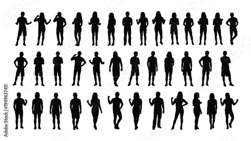 A collection of 36 black silhouettes of people in various poses