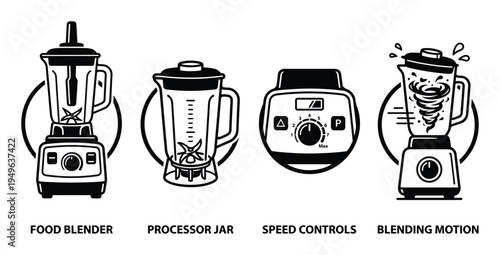 Food blender icons, processor jar, speed controls, and blending motion illustrated design