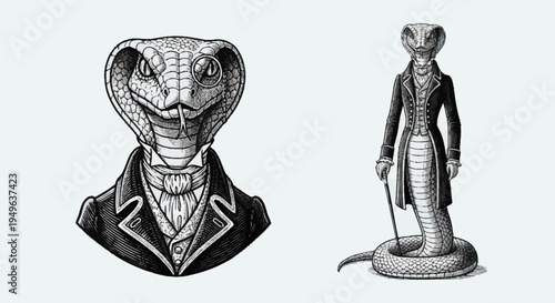 Anthropomorphic Cobra Wearing Victorian Suit and Holding Cane.