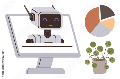 Artificial intelligence, technology, work environment, data visualization, robotics, digital tools. Robot face displayed on monitor, pie chart and plant nearby. Technology and work environment