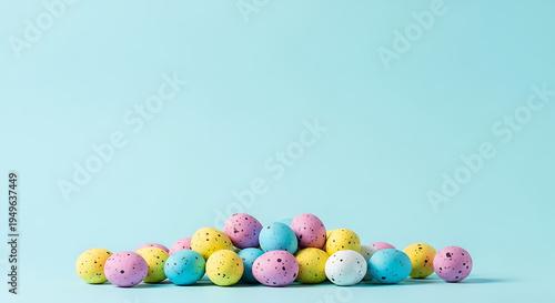 Colorful eggs are scattered on a pastel blue surface indoors, easter concept