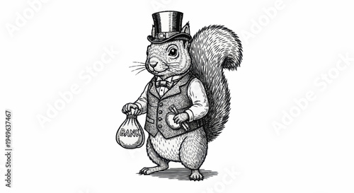 Whimsical Squirrel Dressed as a Gentleman Holding a Money Bag.