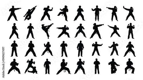 A collection of 25 black silhouettes of people performing various martial arts poses