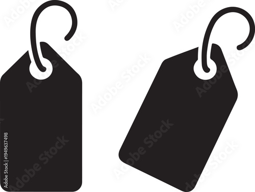 Two black price tags with hooks on white background labels