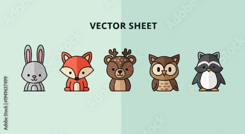 Cute Cartoon Forest Animals Collection Vector Illustration.