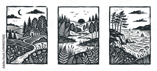 Three scenic landscapes with moon, cabin, river, trees, birds, hills, and sailboats in woodcut style, nature scenes
