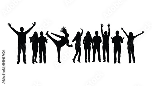 A group of people with their arms raised in celebration