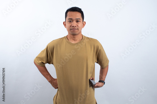 Man Holding Cellphone on White Background