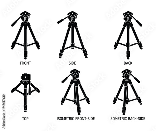 Set of camera tripod views in black silhouette including front side back top isometric views