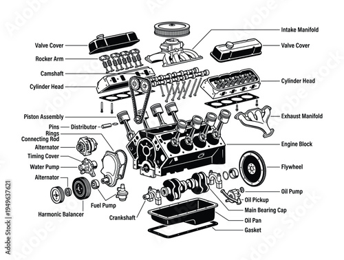 Detailed illustration of disassembled car engine with labels