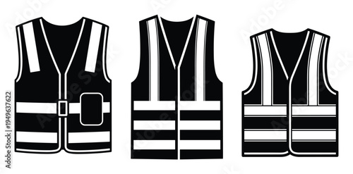 High visibility safety vests vector illustration set with reflective stripes in black and white color.