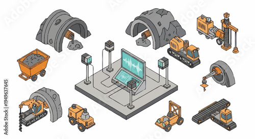 Isometric Mining Industry Equipment and Control Center Illustration.