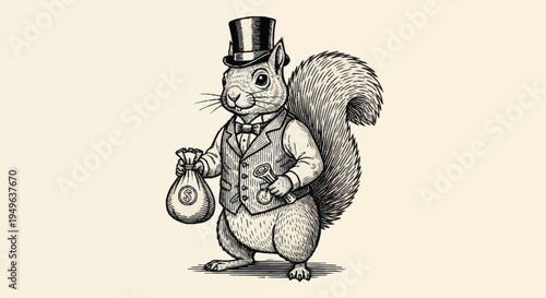 Whimsical Squirrel Dressed as a Gentleman Holding a Money Bag.