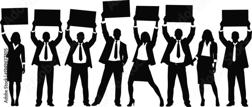 Business people protest silhouettes holding blank banners corporate workers demonstration crowd with placards activism concept vector illustration set