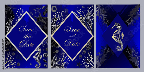 Elegant save the date cards with oceanic and marine life motifs